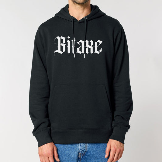 Front view of a guy wearing a bitaxe hoodie