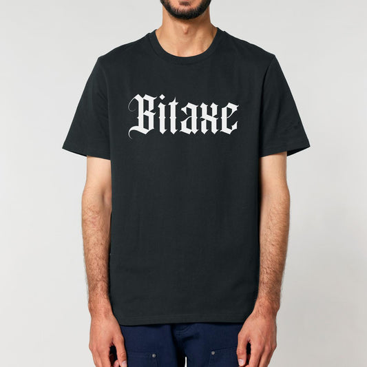 Front view of a guy wearing a bitaxe shirt