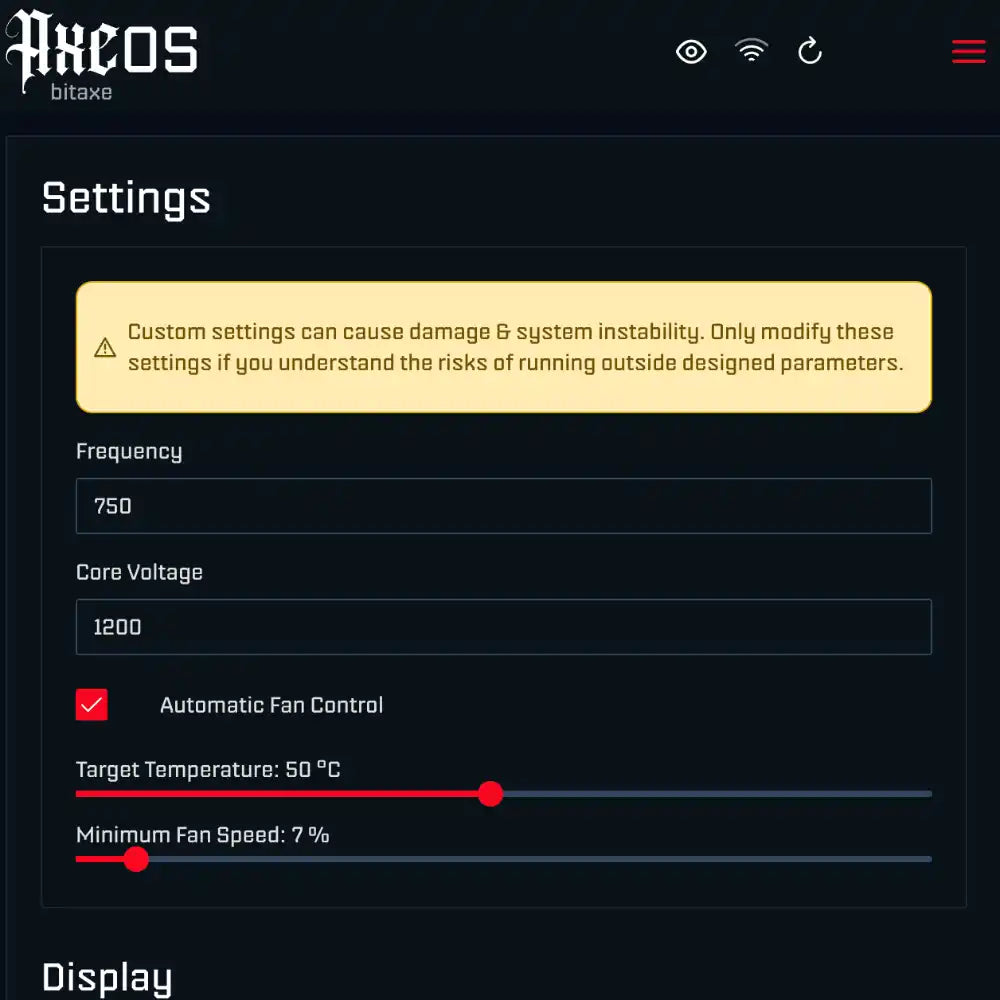Miner settings get adjusted in AxeOS