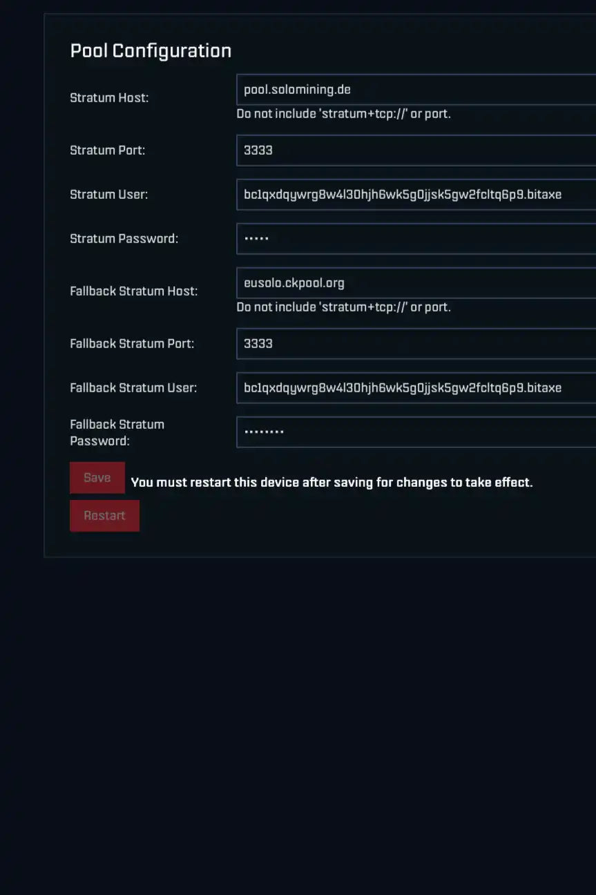 Axe OS setup of wallet adress and mining pool