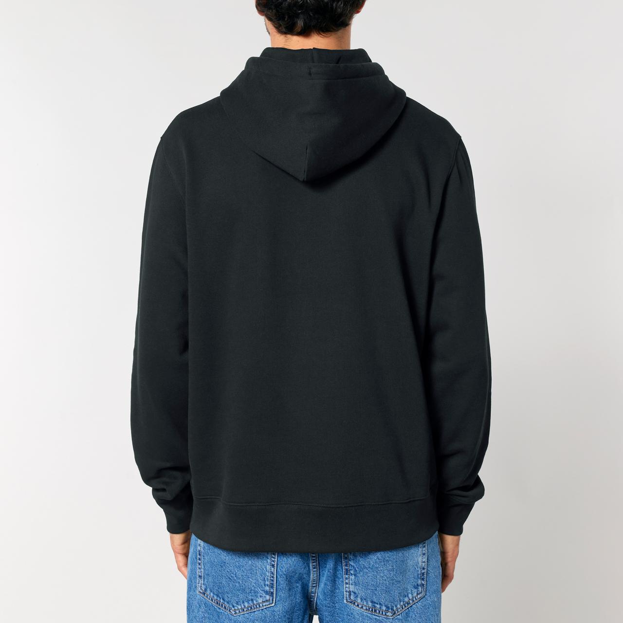 Back view of a guy wearing a bitaxe hoodie