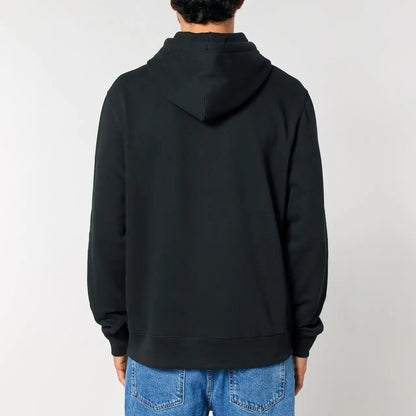 Back view of a guy wearing a bitaxe hoodie