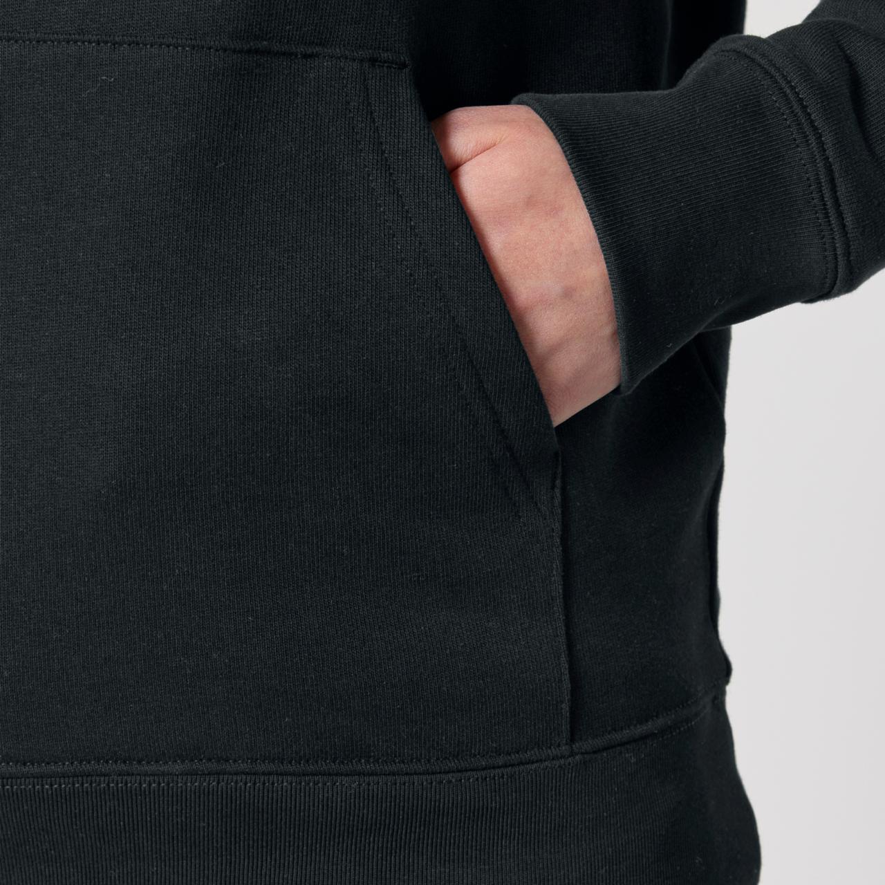Detail view of a guy wearing a bitaxe hoodie