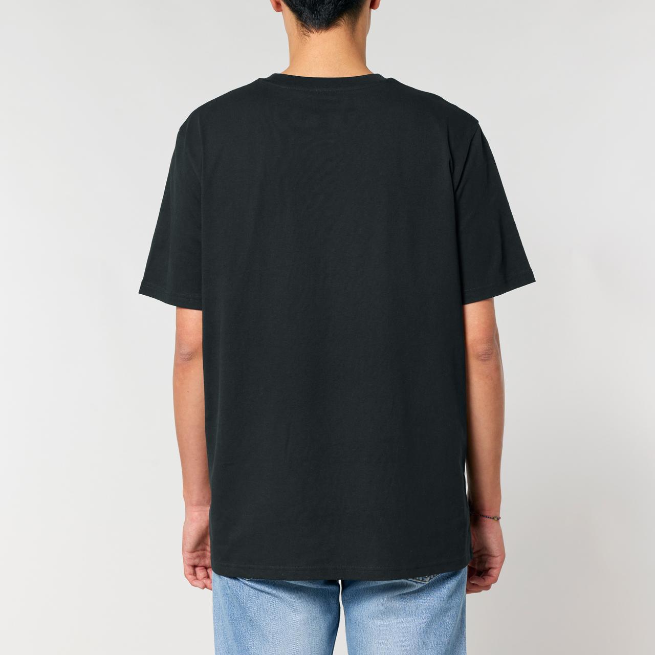 Back view of a guy wearing a bitaxe shirt