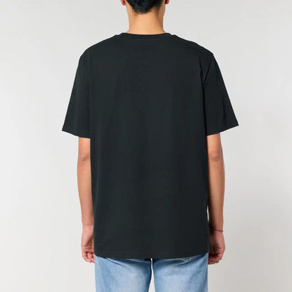 Back view of a guy wearing a bitaxe shirt
