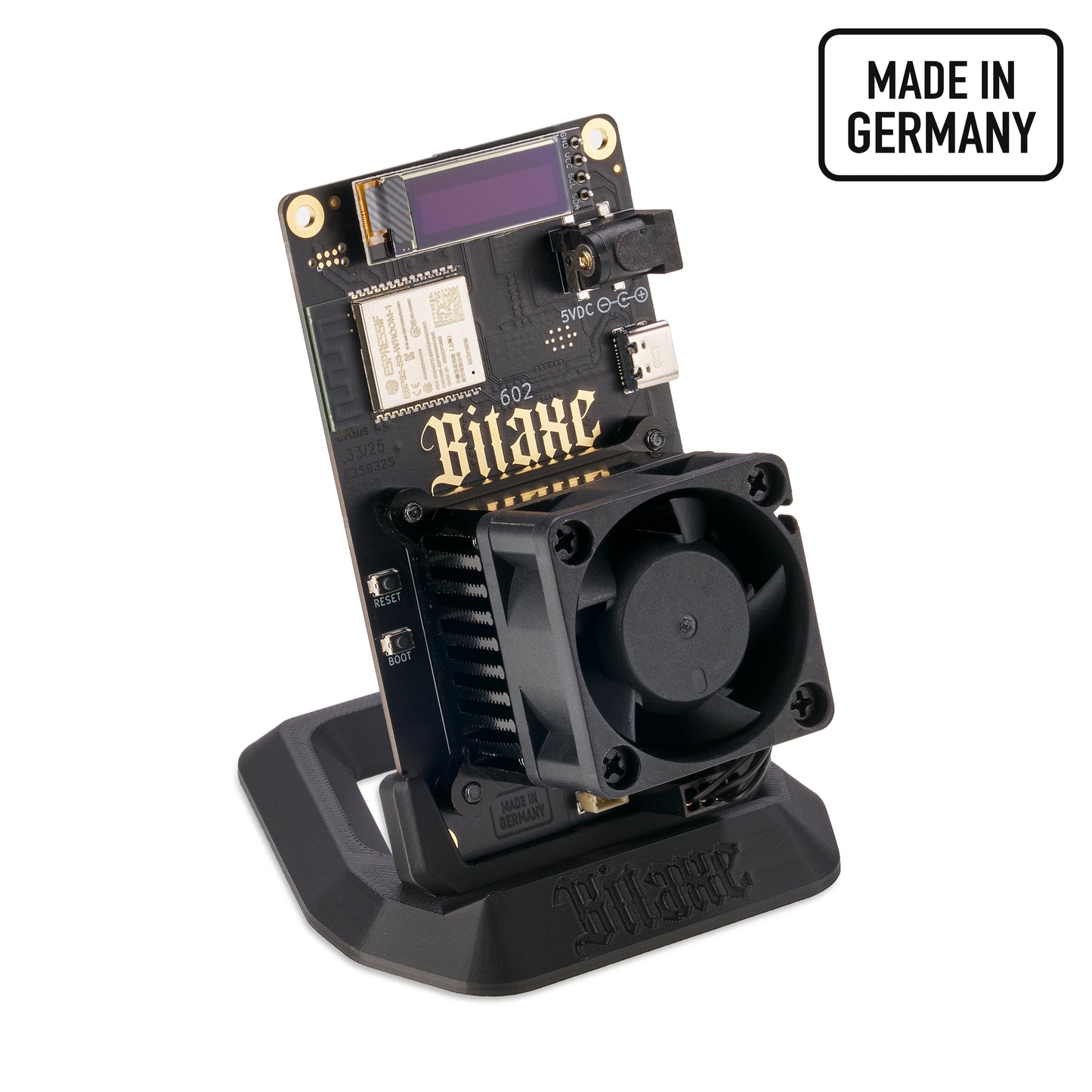 Front view of the Bitaxe 602 Standard Edition Made in Germany