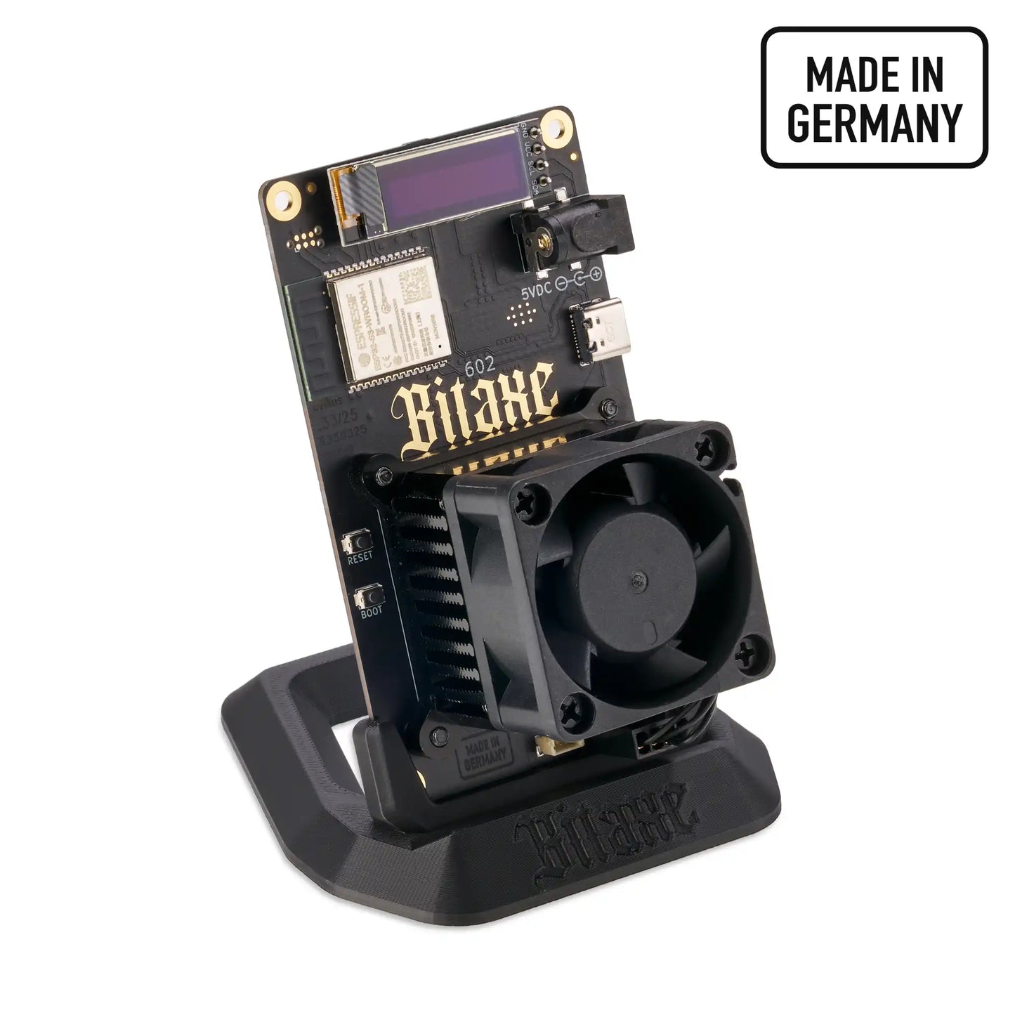 Front view of the Bitaxe 602 Standard Edition Made in Germany bitcoin miner