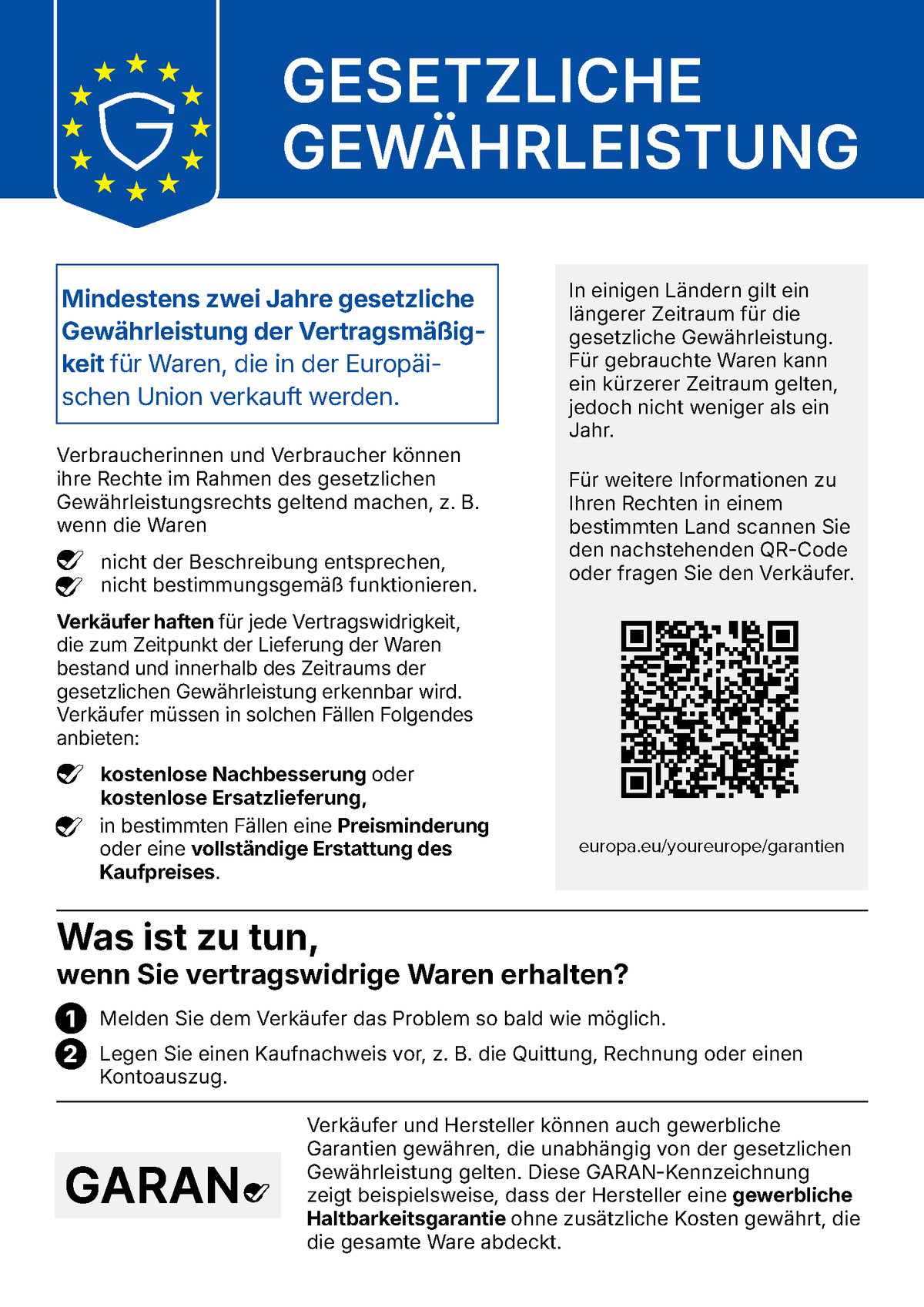 EU-Hinweis: Mindestens zwei Jahre gesetzliche Gewährleistung für Waren, die in der Europäischen Union verkauft werden