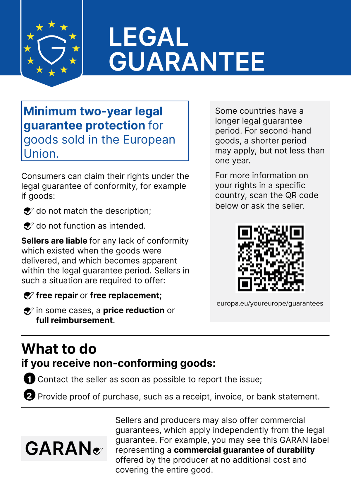 EU notice: legal guarantee of at least two years for goods sold in the European Union
