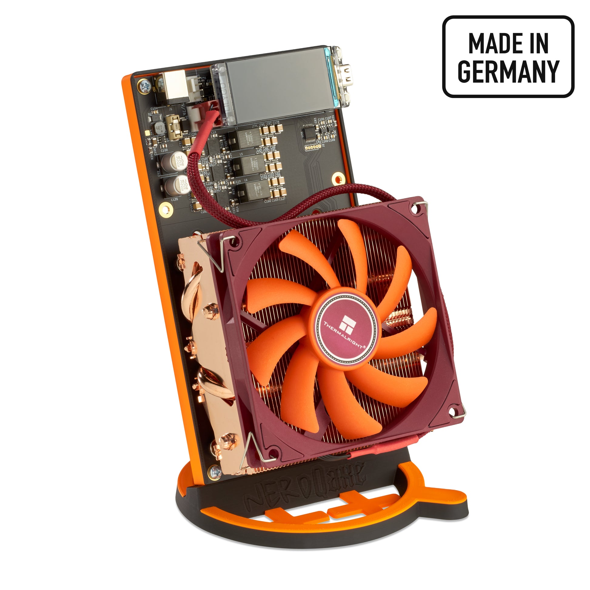 Front view of the NerdQAxe++ Made in Germany