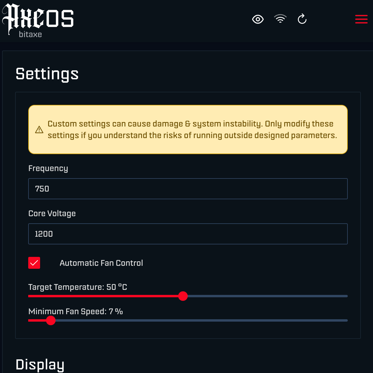 Screenshot of recomendet settings of the bitaxe gamma bitcoin miner