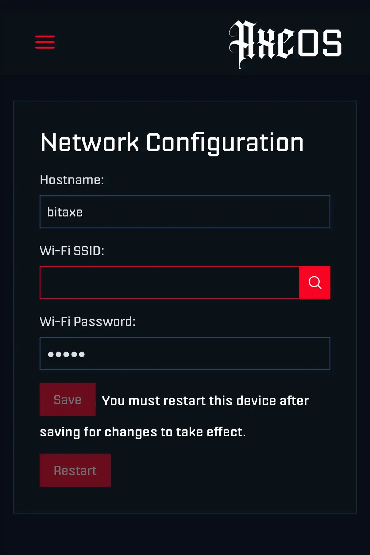 AxeOS Network Configuration surface