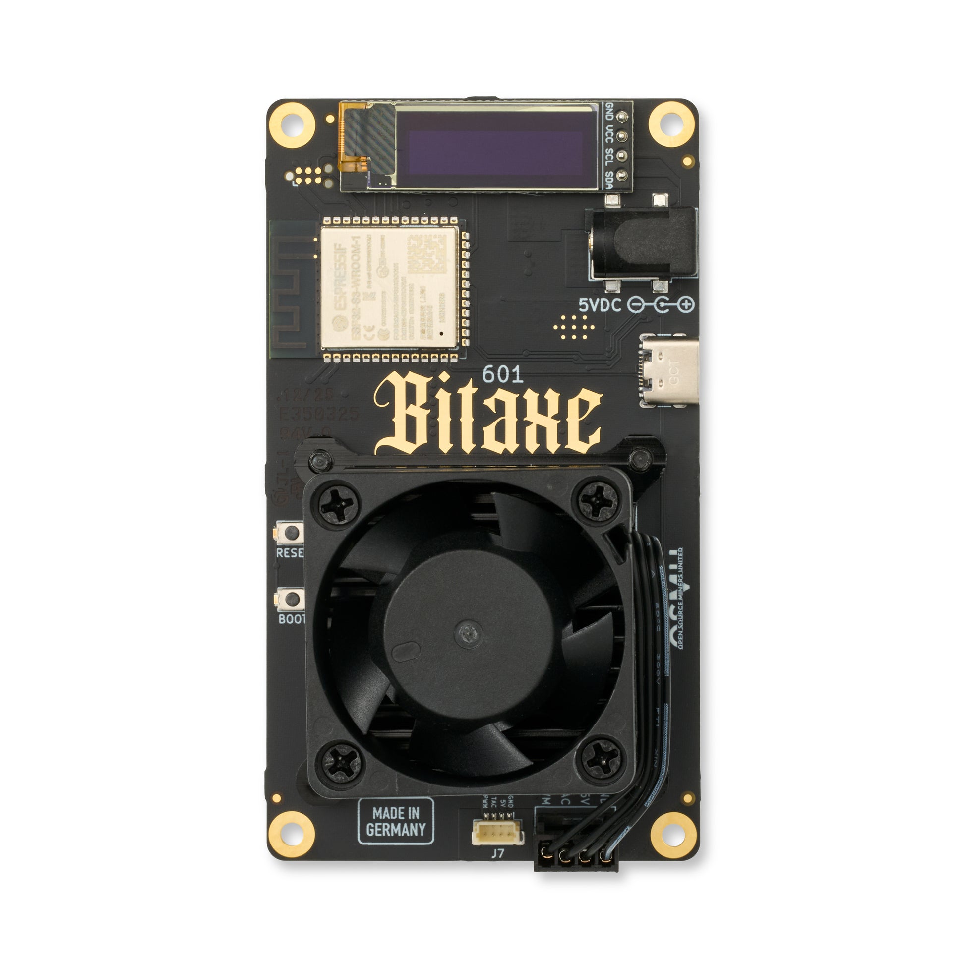 Front view of the Bitaxe 601 Gamma all black edition without stand.