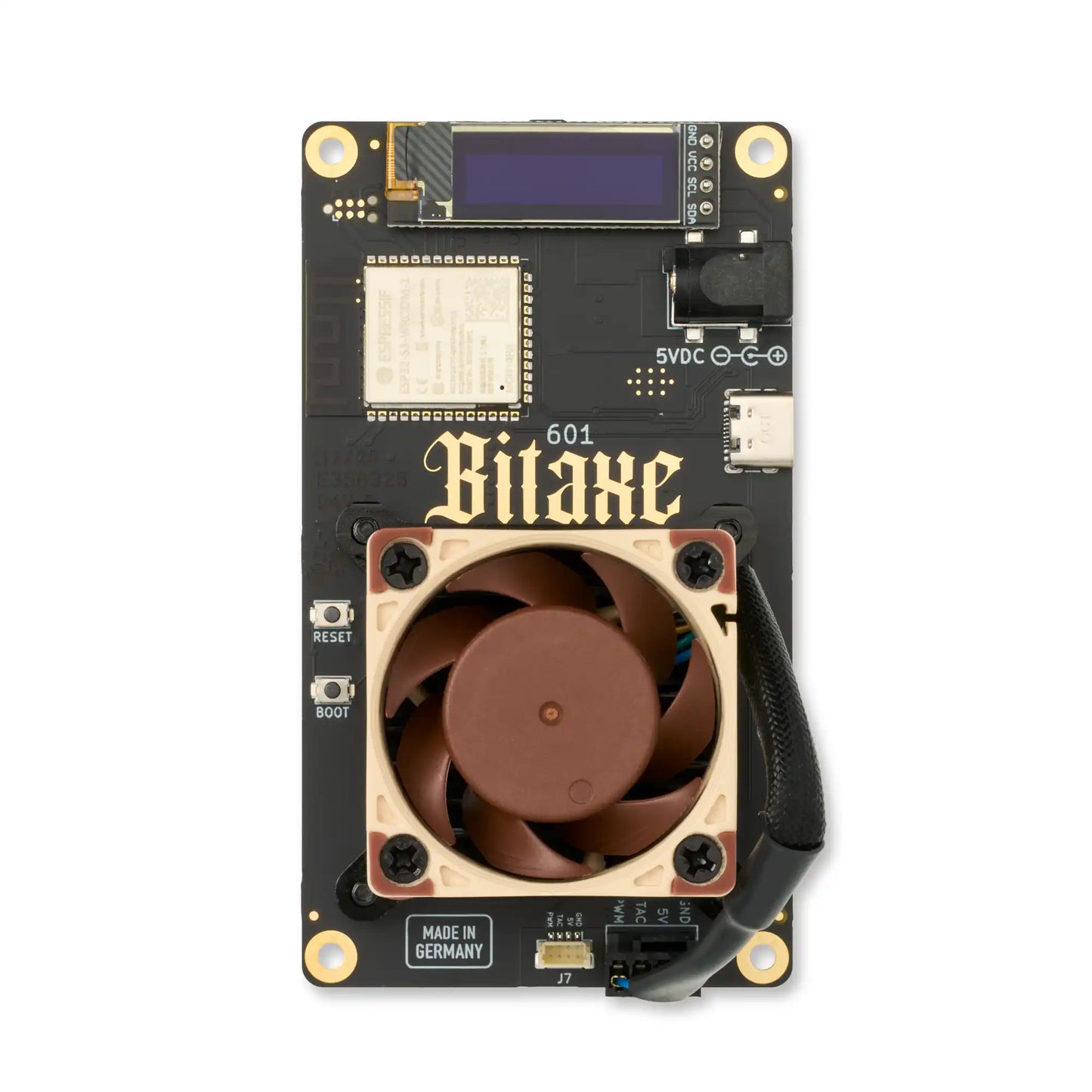 Front view of the Bitaxe 601 Gamma all black edition without stand and mounted Noctua cooling fan.