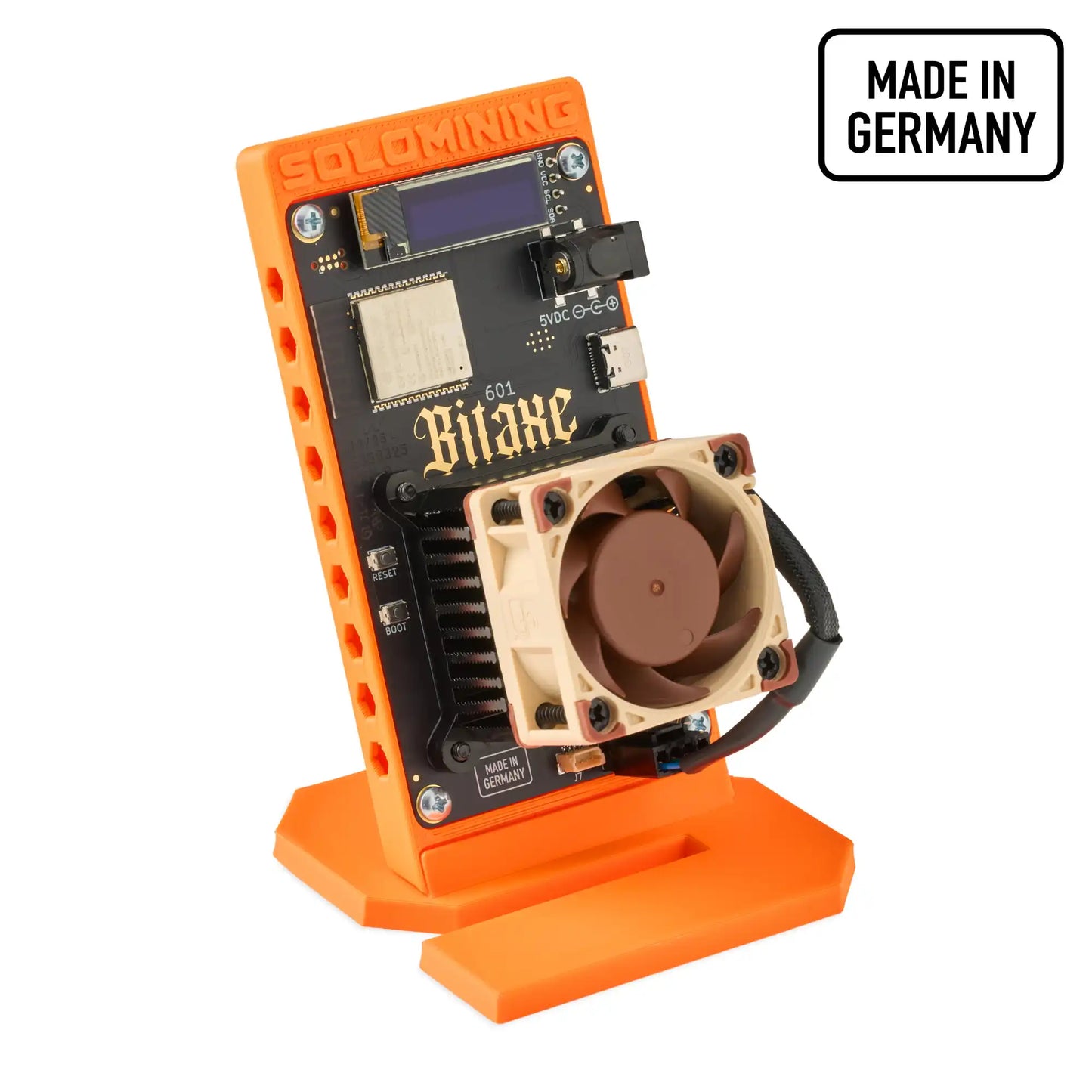 Front view of the bitaxe 601 performance orange edition made in germany bitcoin miner.