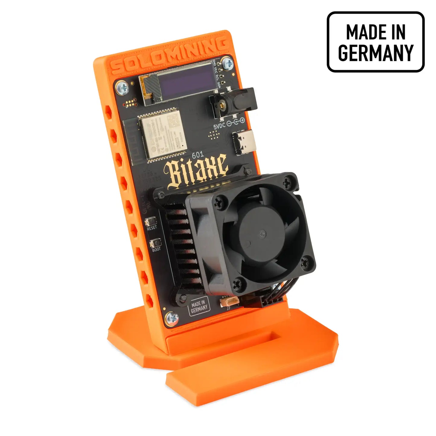 Front view of the bitaxe 601 standart orange edition made in germany bitcoin miner.