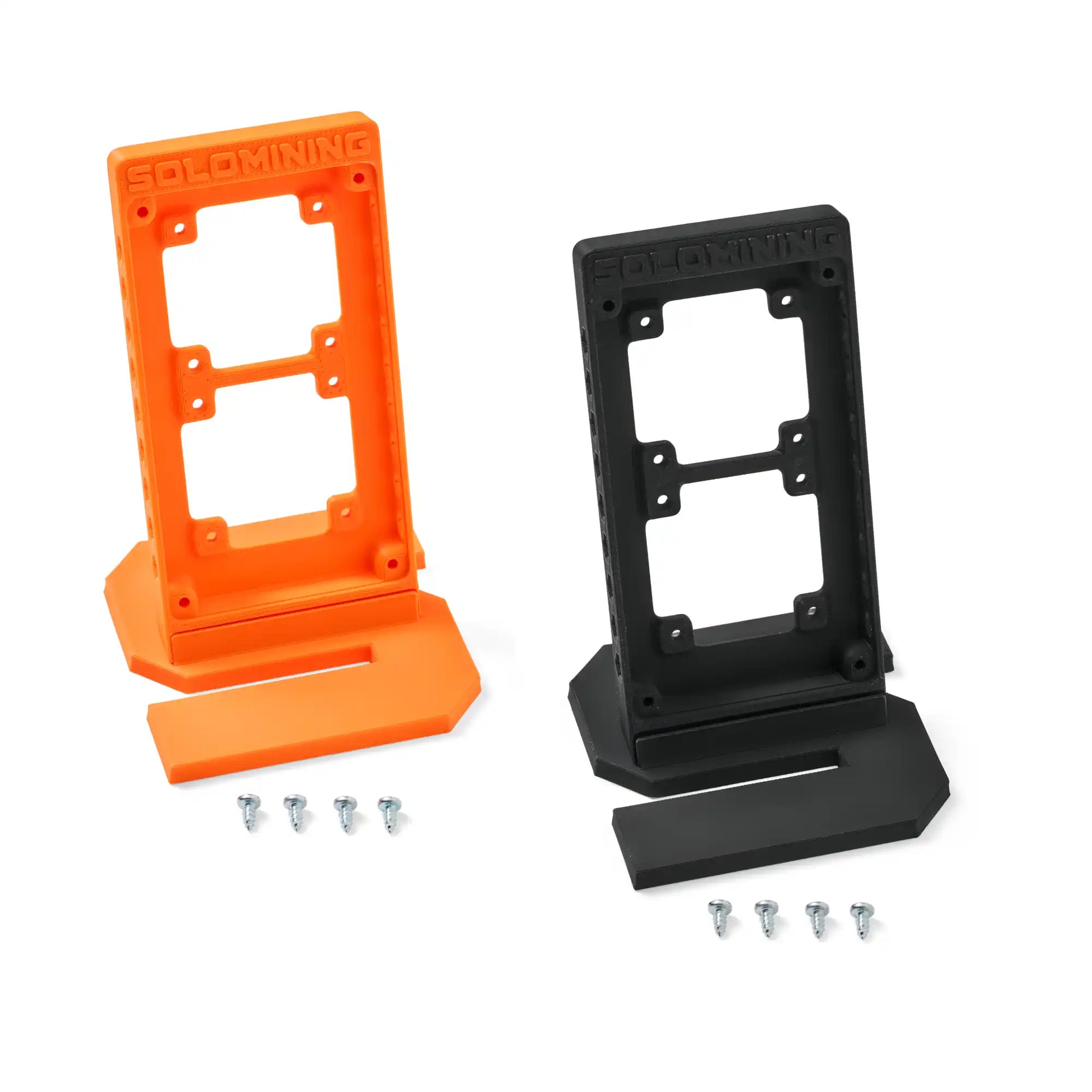 Front view of the black and orange bitaxe stand.