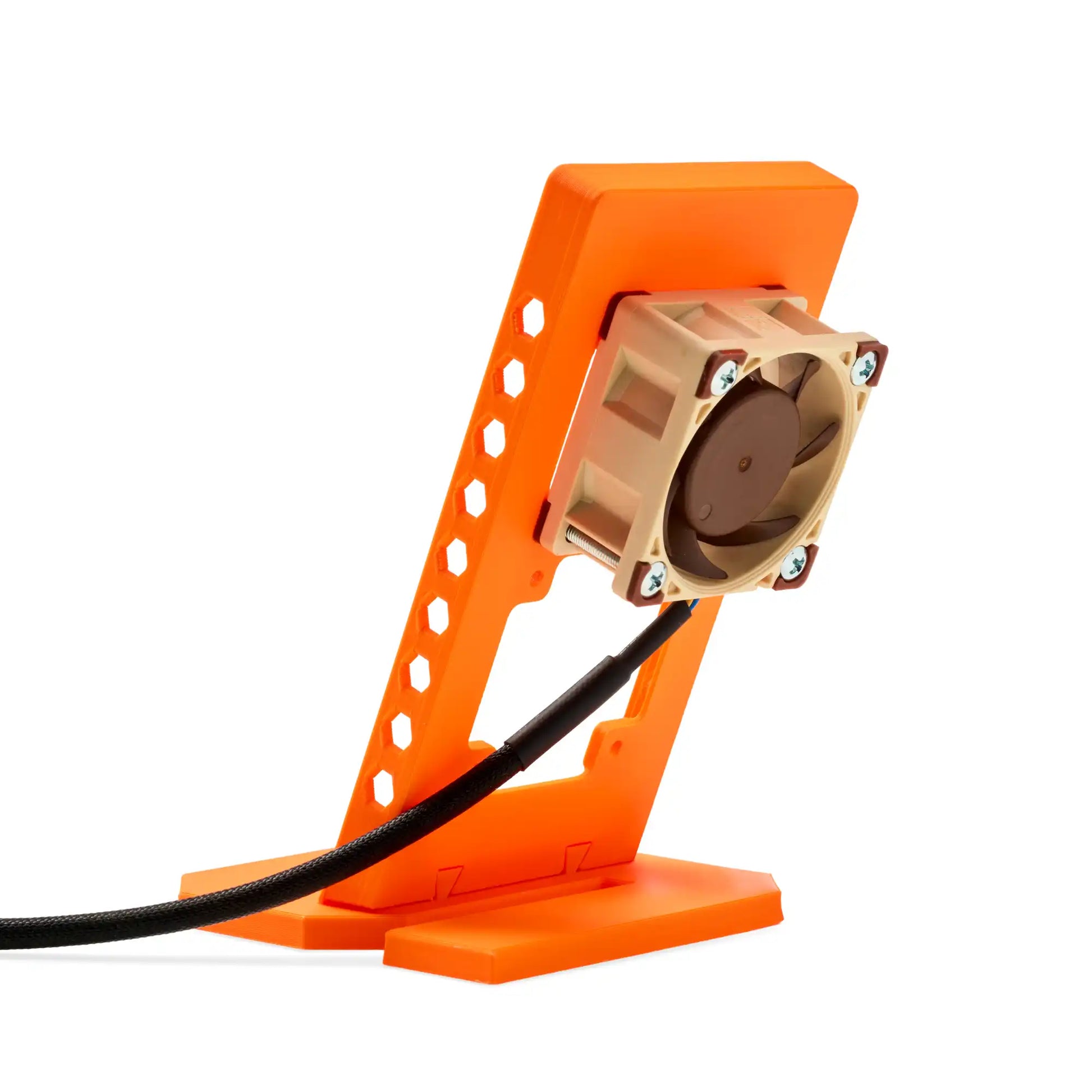 Picture of the orange Bitaxe stand with mounted cooling fan on the back.
