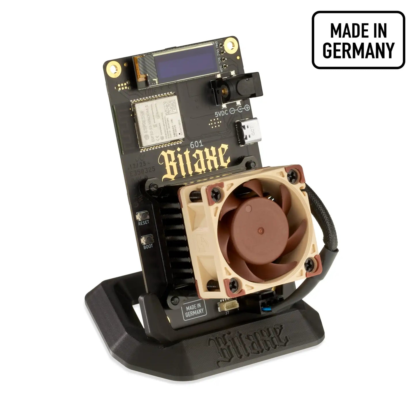 Front view of the bitaxe 601 performance black edition made in germany bitcoin miner.