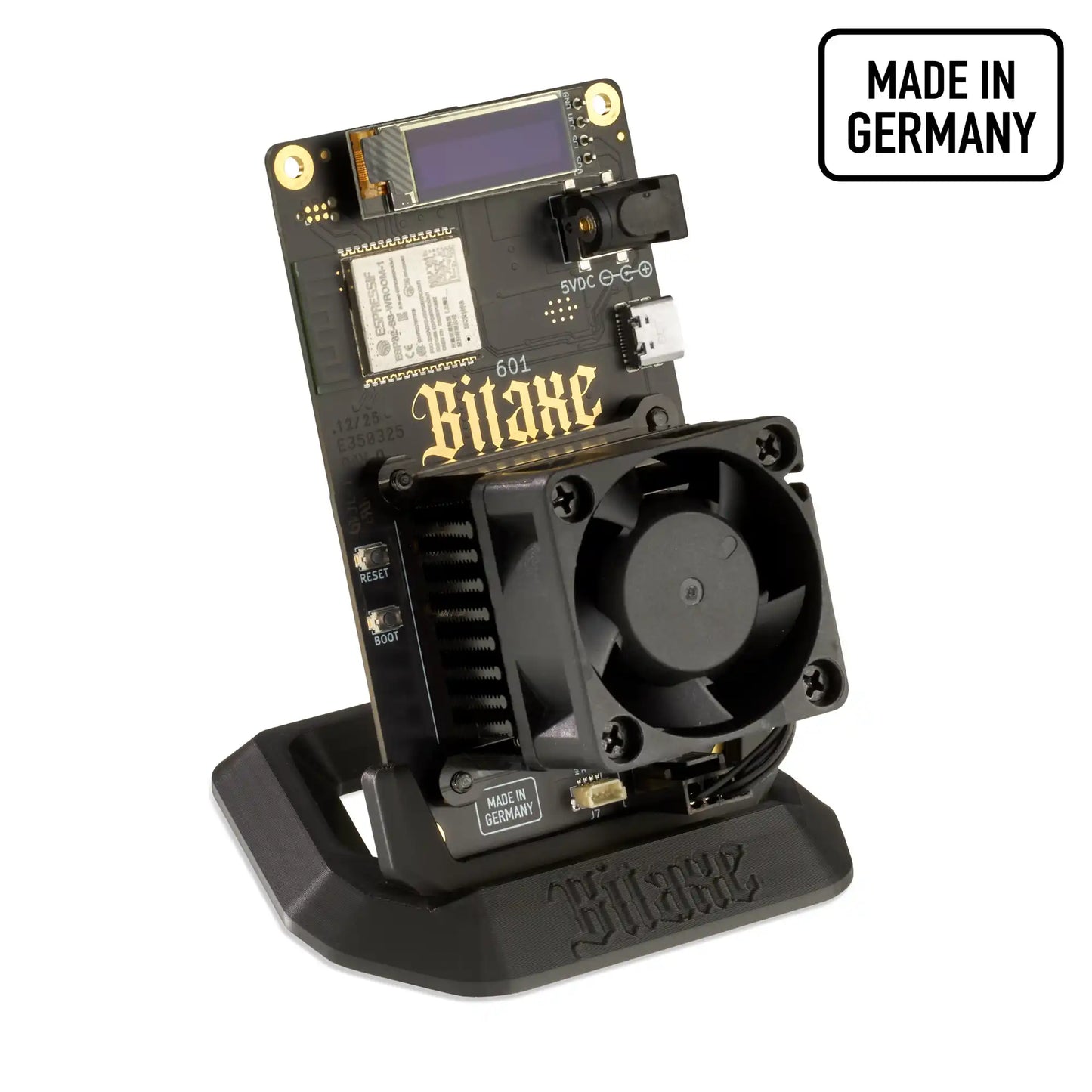 Front view of the bitaxe 601 standart black edition made in germany bitcoin miner.