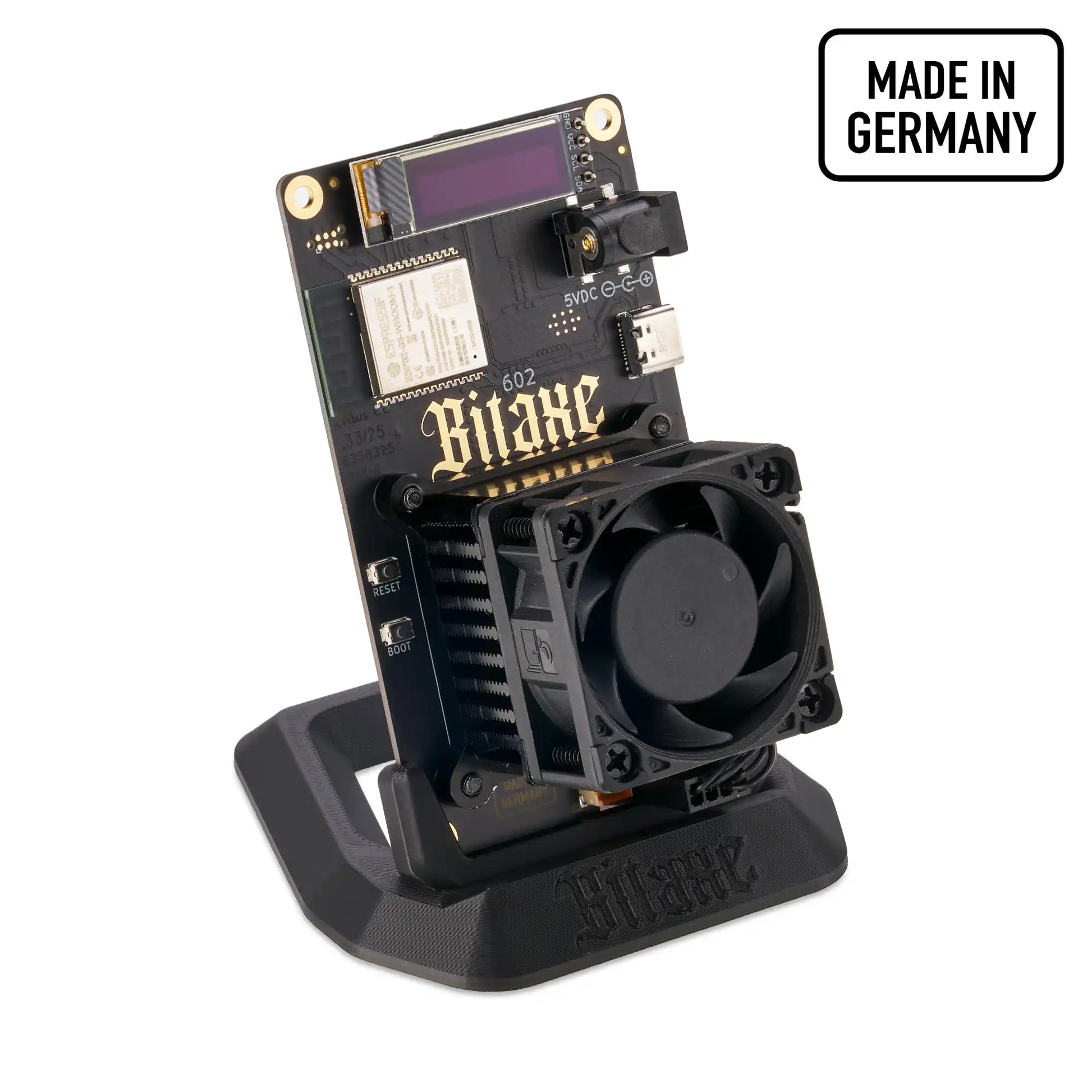 Front view of the Bitaxe 602 performance Edition Made in Germany bitcoin miner