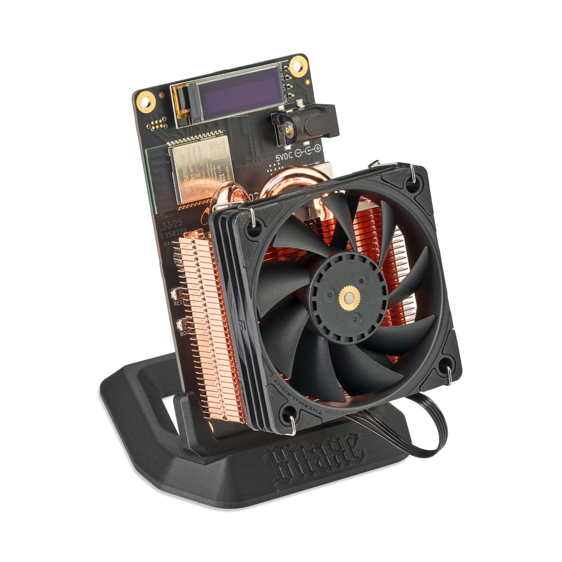 Front view of a Bitaxe Gamma Bitcoin Miner with the Copperzilla 2.0 Premium Cooler Upgrade