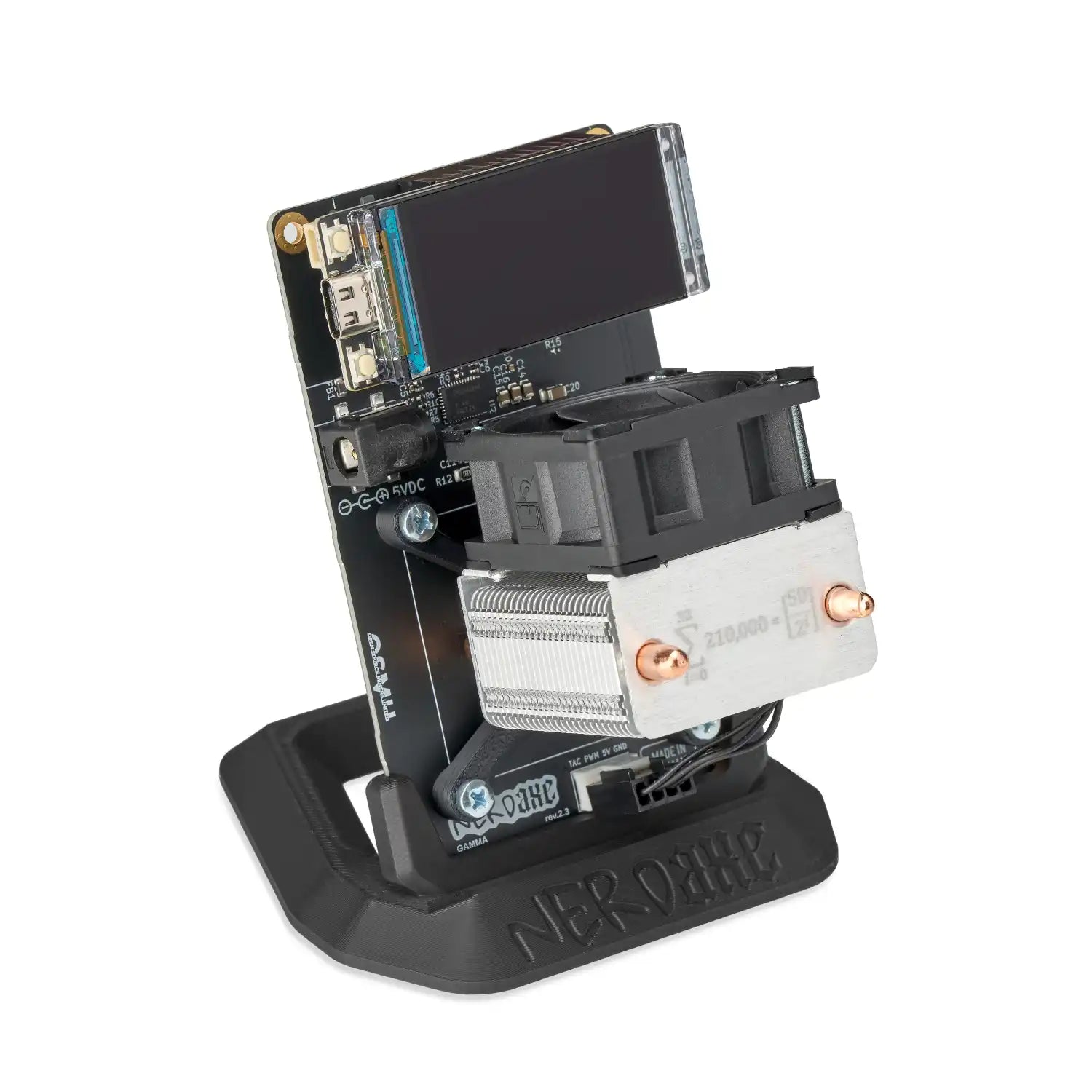 Front view of the Nerdaxe Gamma bitcoin miner.