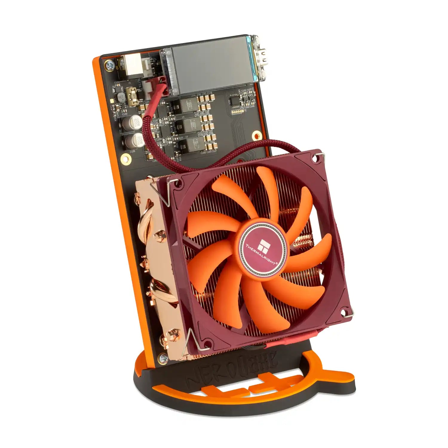 Front view of the NerdQAxe++ bitcoin miner.