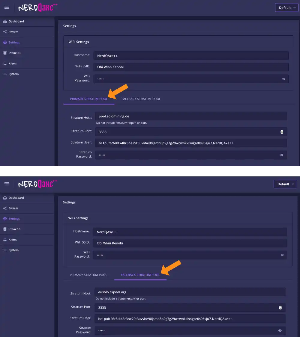 Bitcoin Miner settings of Wallet and mining pool